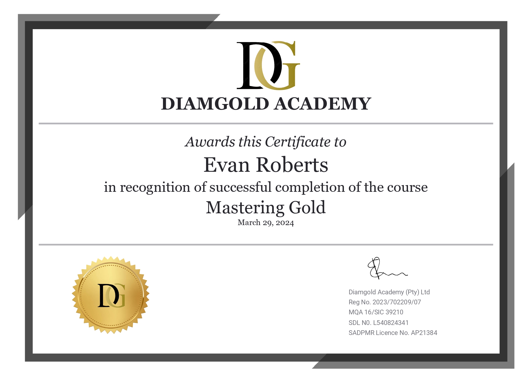 Certificate for Diamgold Gold Course